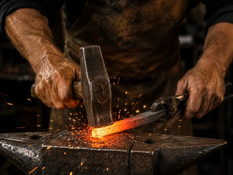 Mains d'un ferronnier d'art forgeant un fer rougi au marteau sur l'enclume, étincelles