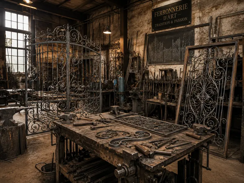Atelier de ferronnerie d'art : portails et grilles en fer forgé en cours de fabrication